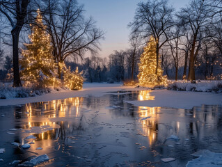 Frozen river with Christmas trees reflecting on ice
