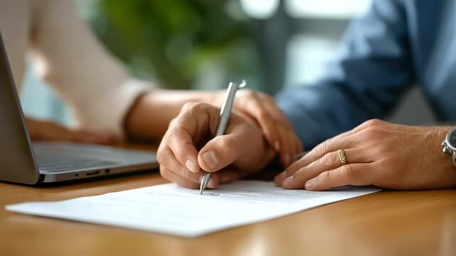 A middle aged man signs a contract a woman explaining key terms with a pointed finger their wooden table busy with papers and a laptop top view contract signing business