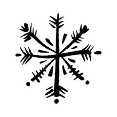 New Year brush stroke or chalk ornate texture snowflake icon, Christmas patterned black brush hand-drawn isolated element on white background. Scandinavian Norwegian simple winter print editable