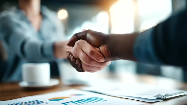 A young woman and a Black man shake hands over a stack of contract papers a coffee cup with steam rising and charts with colorful graphs nearby top view business agreement cont