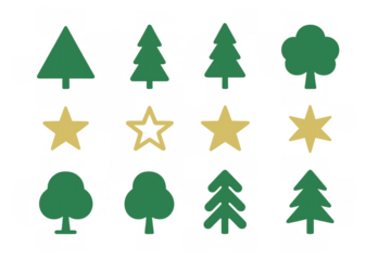 Green tree and golden star icon set for nature, christmas, and celebration design on transparent background