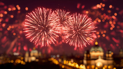 Festive fireworks bursting in the night sky above a glowing cityscape