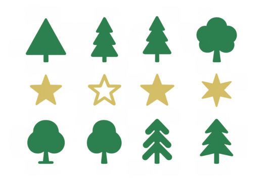 Green tree and golden star icon set for nature, christmas, and celebration design on transparent background