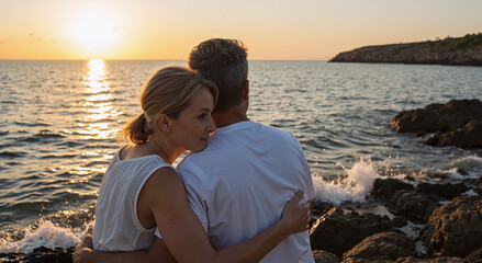 couple embracing while watching sunset over ocean on rocky coastline, feeling love and serenity