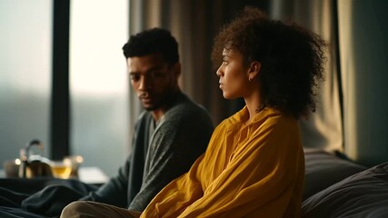 From a high angle a young man and his Black girlfriend sit silently on their bed their backs rigid after a quarrel morning light muted through thick curtains a cold teapot on