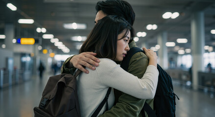 Obraz premium emotional farewell embrace at airport with young asian couple carrying backpacks