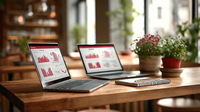Two laptops printed charts with red annotations spiral notebooks and potted plants sit on a wooden table top view of a business meeting setup business workspace office