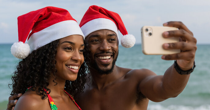 happy couple in santa hats taking a selfie on tropical beach during holiday vacation