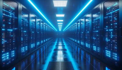 Obraz premium Futuristic data center corridor with neon blue lights