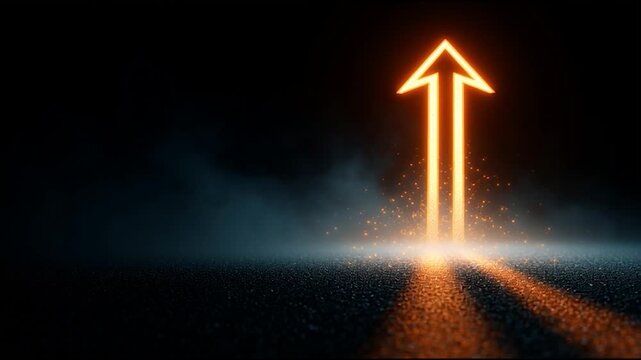 An illuminated upward arrow amidst smoke, symbolizing growth, direction, and aspiration.