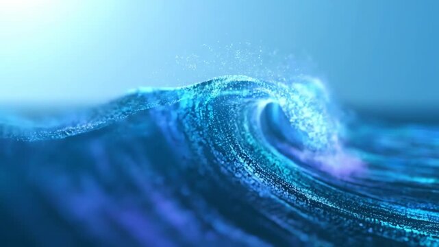 Abstract digital render of a flowing ocean wave with particles