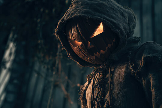 halloween horror pumpkin scarecrow monster with glowing eyes in the forest, creepy, spooky, scary, terrifying, photorealistic