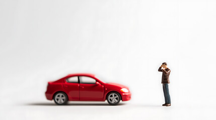 A miniature man stands distressed next to his miniature red car, a whimsical scenario of car trouble presented against a stark white background, provoking thought.