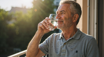 elderly man enjoying a refreshing glass of water on a sunny balcony morning