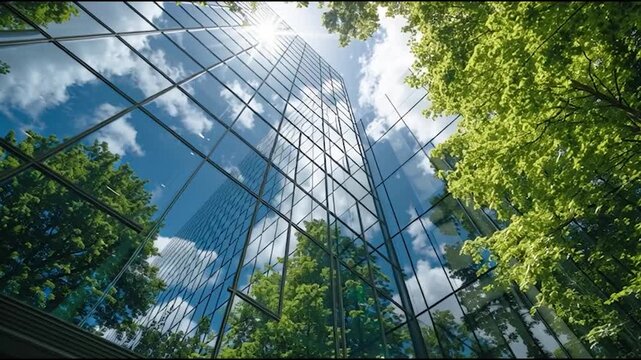 A modern glass building reflecting blue skies and lush green trees, capturing the interplay of nature and architecture in a vibrant urban setting.