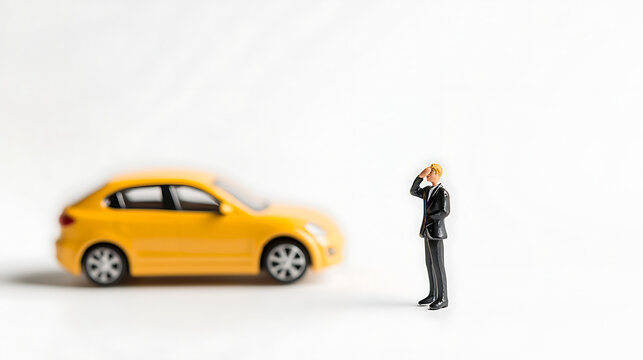 A miniature businessman in a black suit stands before a blurry yellow car, looking ahead with his hand on his forehead, set against a bright white backdrop. Small scale planning. - Powered by Adobe