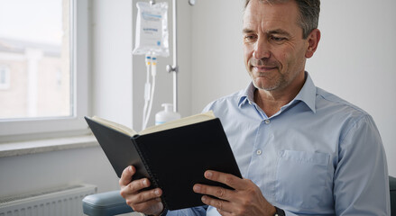 middle-aged caucasian man reading a book while receiving medical treatment in hospital room