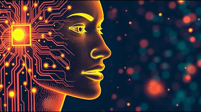 A stylized digital representation of a human profile with electronic circuits and glowing nodes, symbolizing the fusion of technology and humanity.