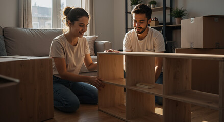 young couple assembling bookshelf at home during daylight in cozy living room