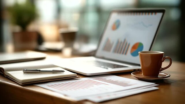 A laptop with a business analytics dashboard sits on a wooden desk joined by printed documents with red annotations a pen a notebook and a ceramic coffee cup top view of a bus