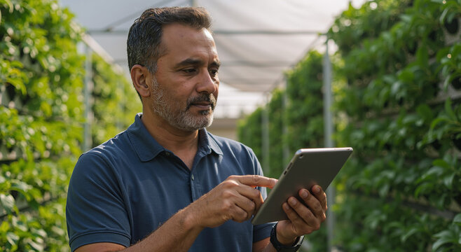 middle-aged man using tablet in modern greenhouse with vertical farming technology - Powered by Adobe