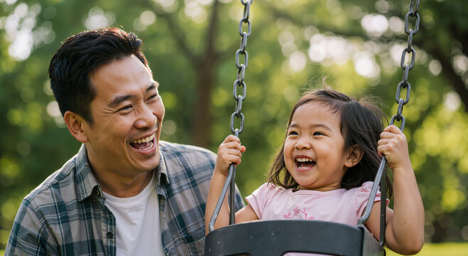 joyful father and daughter playing on swing in sunny park, bonding and happiness concept
