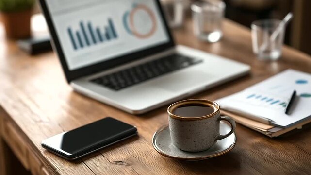 A laptop scattered charts a notebook with coffee stains a ceramic coffee cup and a smartphone rest on a wooden desk top view of a modern workspace office workspace