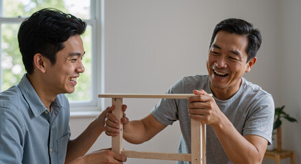 father and son assembling DIY furniture in bright living room sharing joyful bonding moment