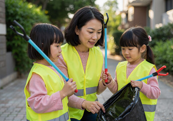 asian woman and daughters picking up litter in neighborhood street with grabbers and bags