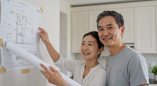 asian couple planning home renovation with blueprints in modern kitchen setting