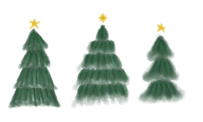 Hand-Painted Fluffy Christmas Tree Set with Star Toppers, Watercolor Holiday Decor