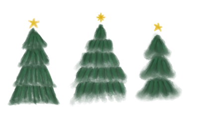 Hand-Painted Fluffy Christmas Tree Set with Star Toppers, Watercolor Holiday Decor