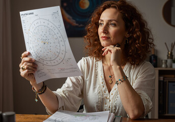 attentive woman analyzing astrological chart in cozy home study, thoughtful and serene ambiance