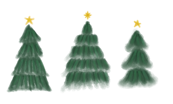 Hand-Painted Fluffy Christmas Tree Set with Star Toppers, Watercolor Holiday Decor