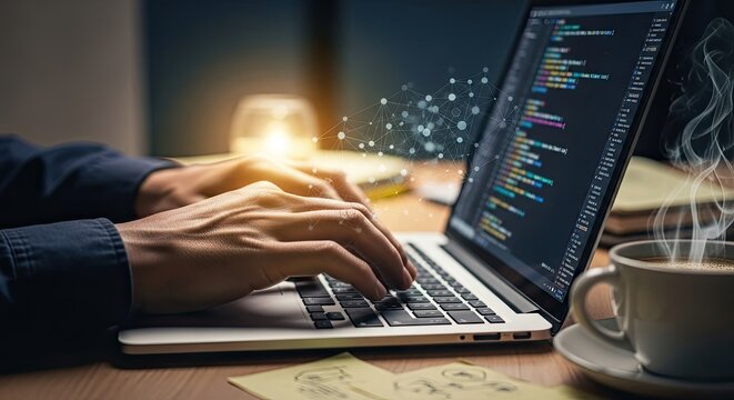Professional coder working late with coffee, coding with laptop, programming with digital network overlay for modern technology and business solutions