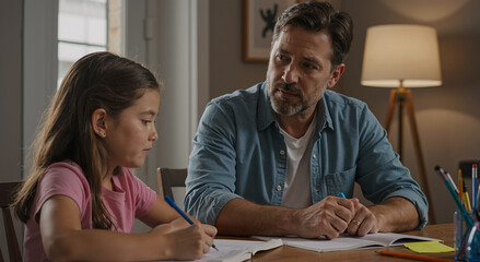 father helping his young daughter with homework at cozy home during evening