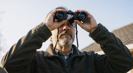 Mature man observing nature with binoculars on a sunny day, exploring wildlife outdoors