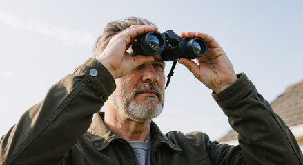 mature man observing landscape with binoculars on a sunny day outdoors adventure