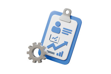 3d clipboard with analytics and gears icon. process automation concept. Minimal cartoon settings config optimize tools for app UI banner. isolated on white background. 3d render.