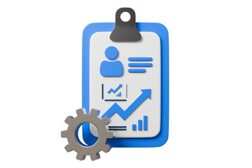 3d clipboard with analytics and gears icon. process automation concept. Minimal cartoon settings config optimize tools for app UI banner. isolated on white background. 3d render.