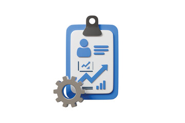 3d clipboard with analytics and gears icon. process automation concept. Minimal cartoon settings config optimize tools for app UI banner. isolated on white background. 3d render.