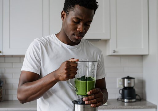 young black man preparing healthy green smoothie in modern white kitchen
