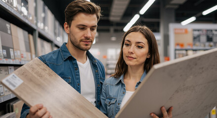 Plakat young couple choosing wooden flooring in a modern hardware store, considering home renovation