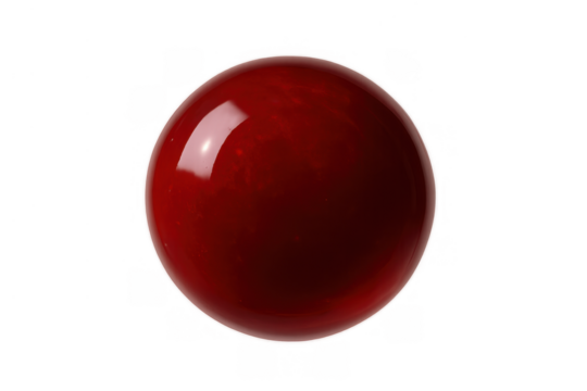 Red glossy sphere reflecting light, abstract geometric shape with shiny surface, isolated on transparent background