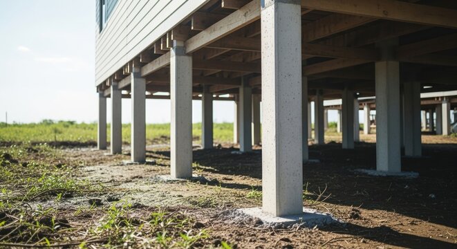 elevated wooden house structure on stilts with grassy field background on sunny day