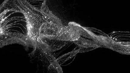 3d render of abstract art of surreal black and white monochrome video with textile drape based on metal silver chain lines as spider web in curvy wavy line in deformation process on black background - Powered by Adobe
