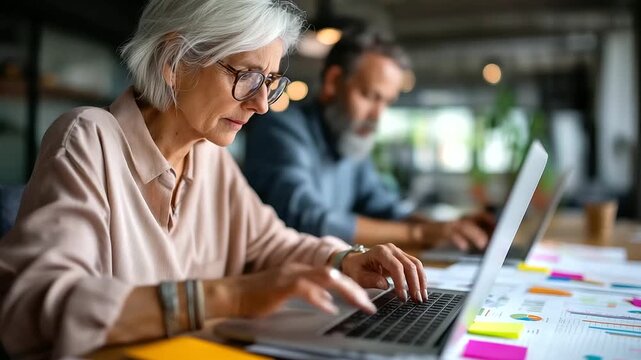 A senior woman and a middle aged man work on laptops analyzing printed charts with colorful annotations top view of a focused workspace financial chart analysis business