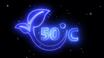 Neon line 50°C temperature showing on a dark background. Weather temperature displays by degree, climate change, scientific designs.Net Zero Carbon Emission & Green Energy Concept. Alpha matte channel