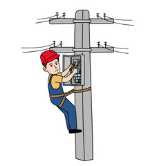 illustration of lineman with electrical installation on the city for electrical service vector