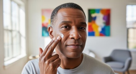 african-american man applying skincare cream in bright modern living room with abstract art